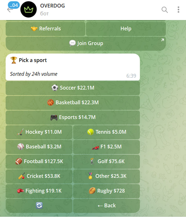 Overdog Telegram bot interface for Polymarket referral program trading
