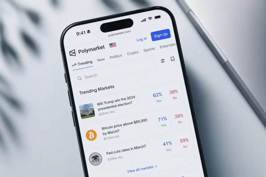 Smartphone displaying the Polymarket prediction market app